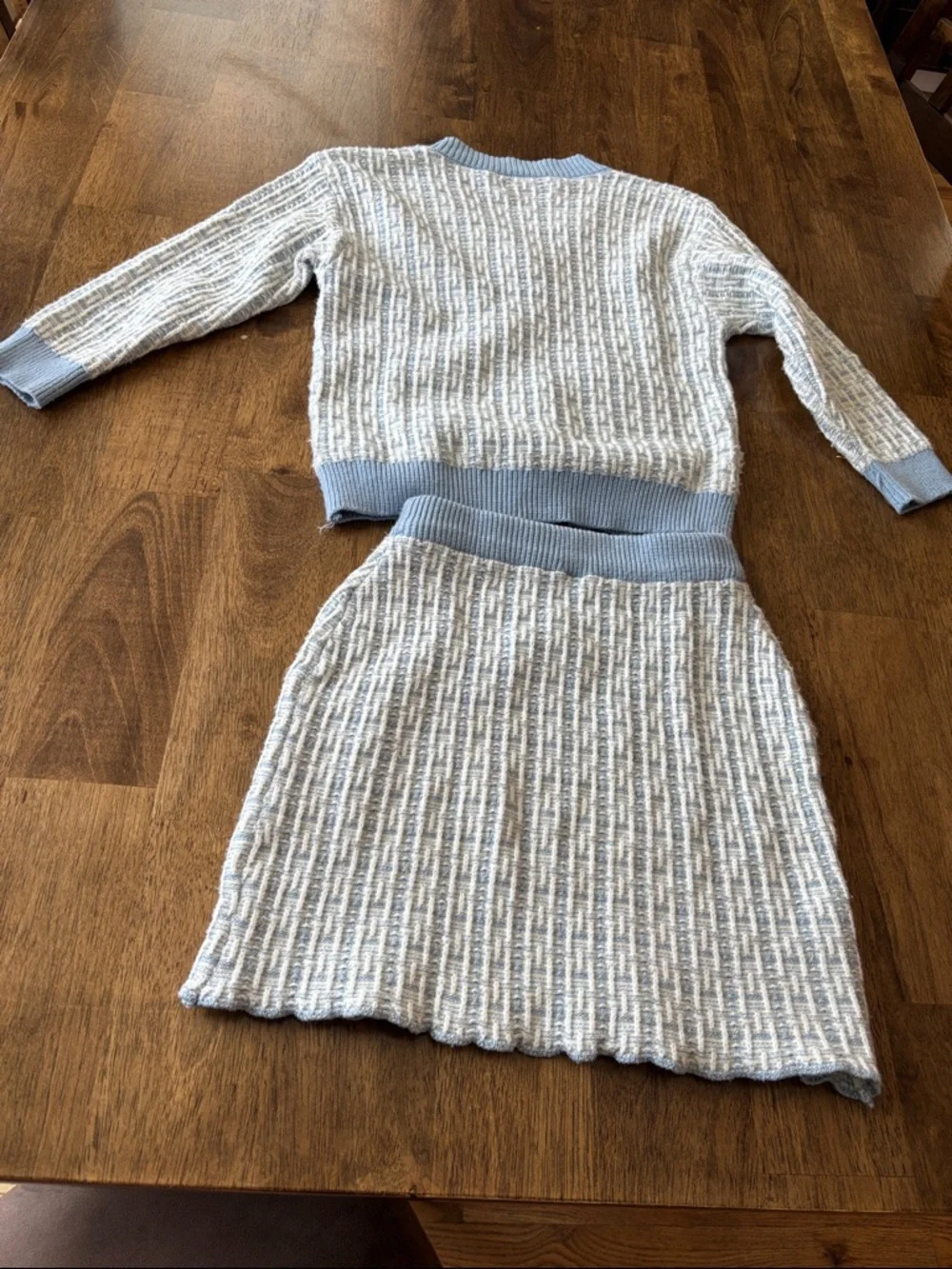 Girls White & Light Blue Knit Cardigan and Skirt Set